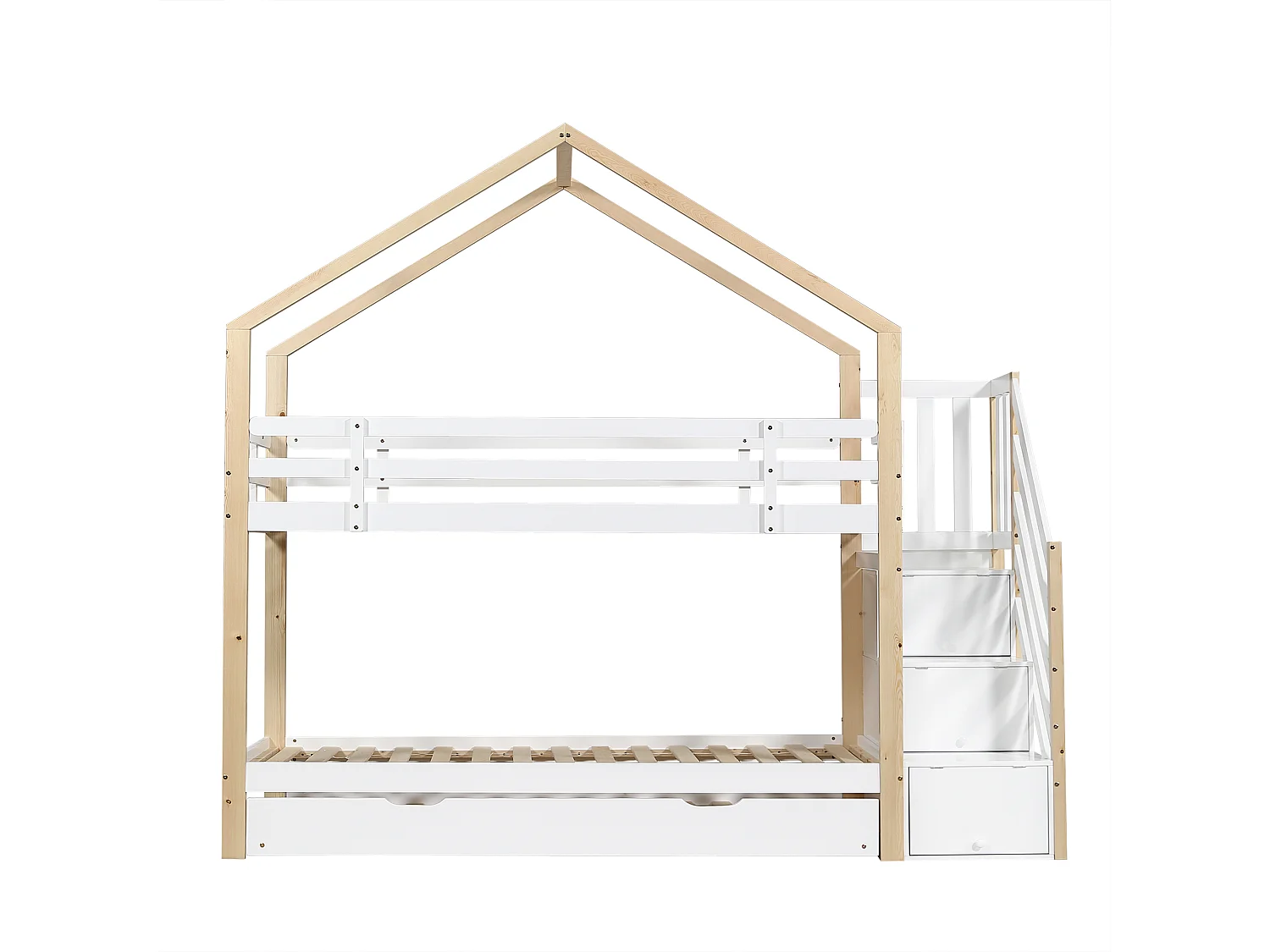 Lits Superposés Cabane - 90 X 200 cm/90 X 190 cm - Avec Escalier À Tiroirs Et Protection Antichute - Naturel + Blanc