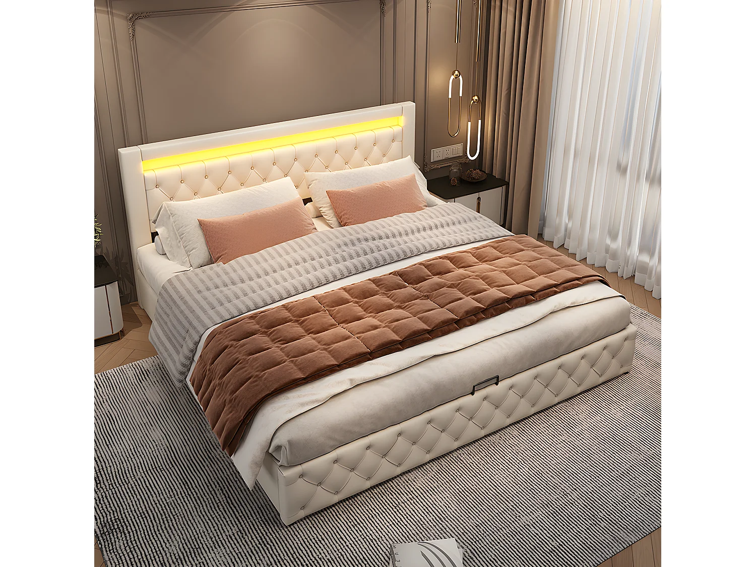 Cama acolchoada para adulto 180 x 239 cm, sem cabeceira, com faixa LED (monocromática), base com suspensão hidráulica, bege.