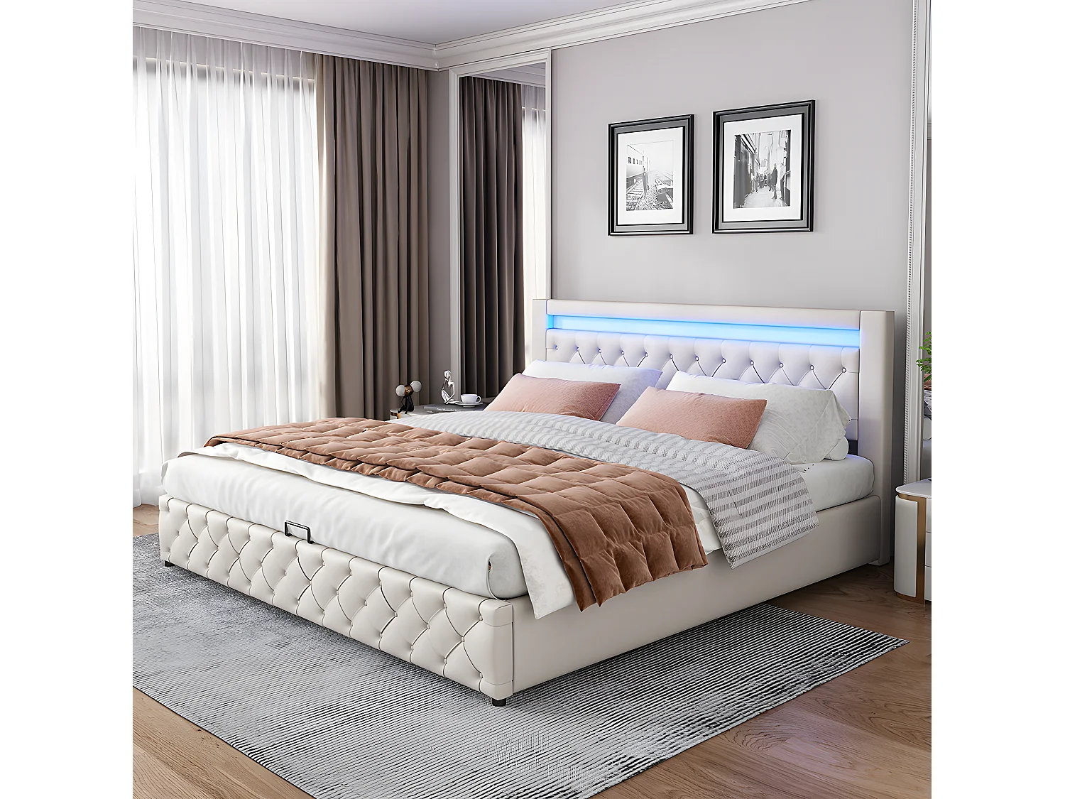 Cama acolchoada para adulto 180 x 239 cm, sem cabeceira, com faixa LED (monocromática), base com suspensão hidráulica, bege.