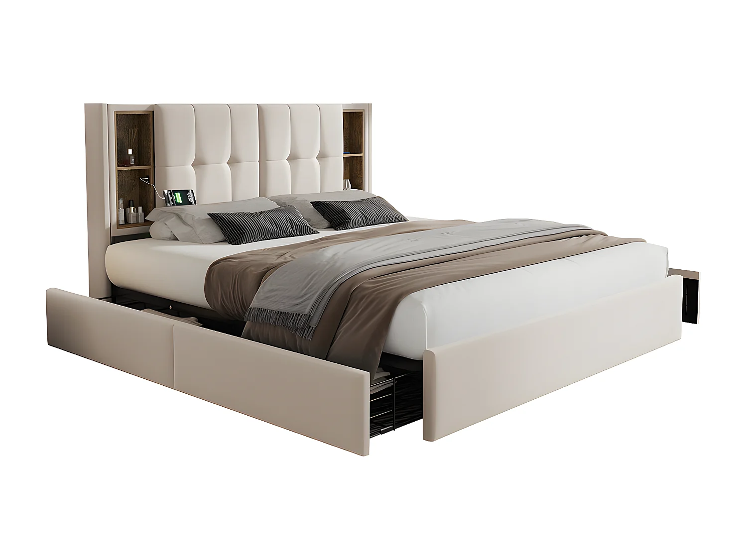 Lit adulte avec chargement sans fil USB C& 4 tiroirs , lit rembourré cadre de lit 160x200cm,sommier à lattes en bois beige velours (sans matelas)
