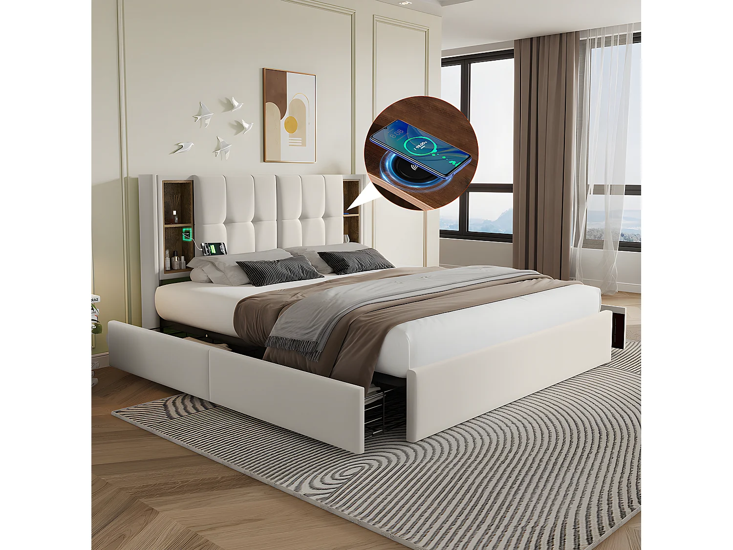 Lit adulte avec chargement sans fil USB C& 4 tiroirs , lit rembourré cadre de lit 160x200cm,sommier à lattes en bois beige velours (sans matelas)