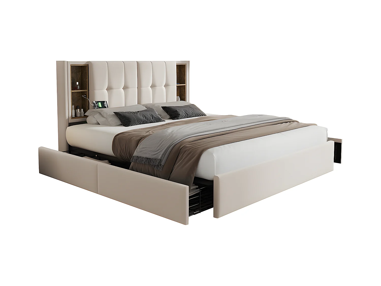 Lit adulte avec chargement sans fil USB C& 4 tiroirs , lit rembourré cadre de lit 160x200cm,sommier à lattes en bois beige velours (sans matelas)