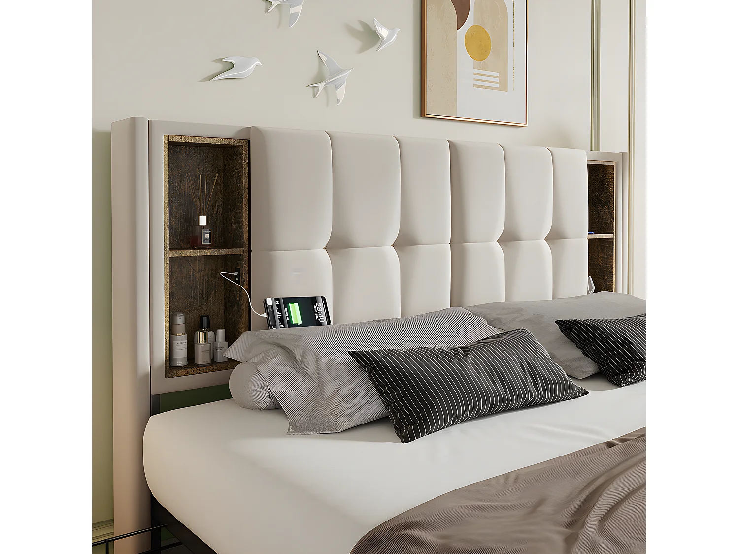 Lit adulte avec chargement sans fil USB C& 4 tiroirs , lit rembourré cadre de lit 160x200cm,sommier à lattes en bois beige velours (sans matelas)