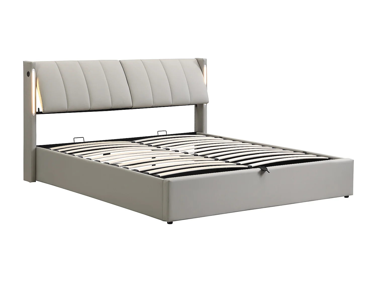 Graues Softback-Bett 140 x 200 cm, aufladbarer USB-Anschluss am Bett mit LED-Beleuchtung und Stauraum, verstellbares Kopfteil