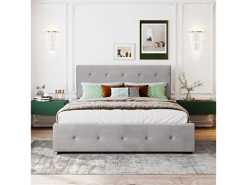 Cama acolchoada para adulto 180 x 1069 cm, sem cabeceira, com faixa LED (monocromática), base com suspensão hidráulica, bege.