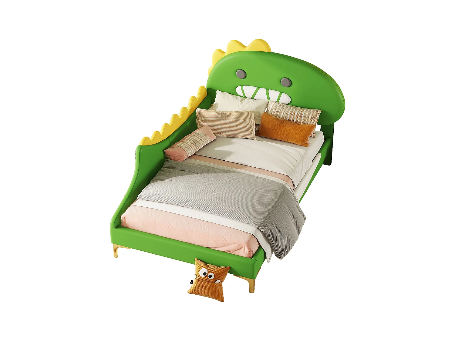Vert 90 * 200cm lit plat pour les enfants, dessin animé dinosaure forme, pu matériel