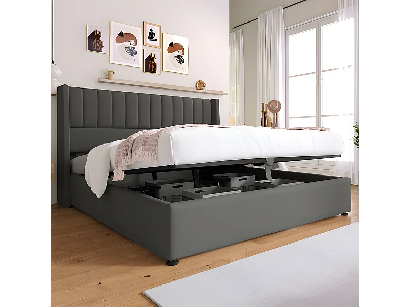 Cama acolchoada para adulto 180 x 715 cm, sem cabeceira, com faixa LED (monocromática), base com suspensão hidráulica, bege.