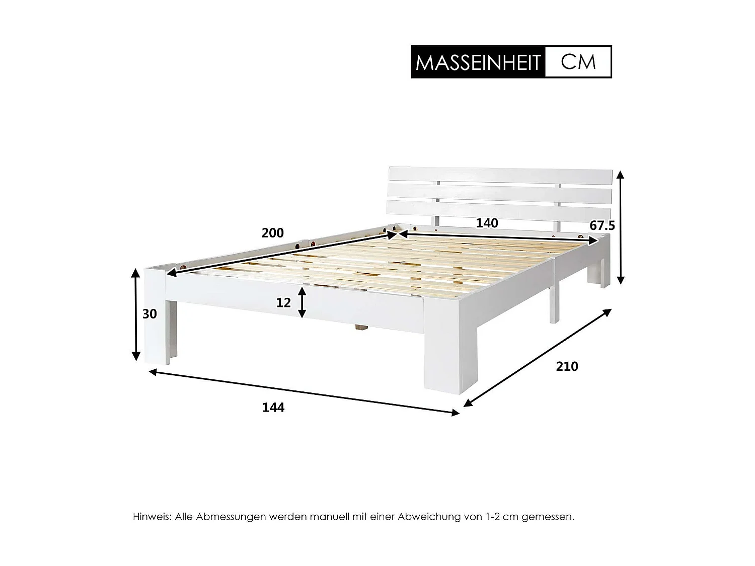 Lit Double 200 X 140 cm En Bois De Pin Massif Composé D'Un Cadre De Lit Avec Tête De Lit et Sommier À Lattes - Blanc