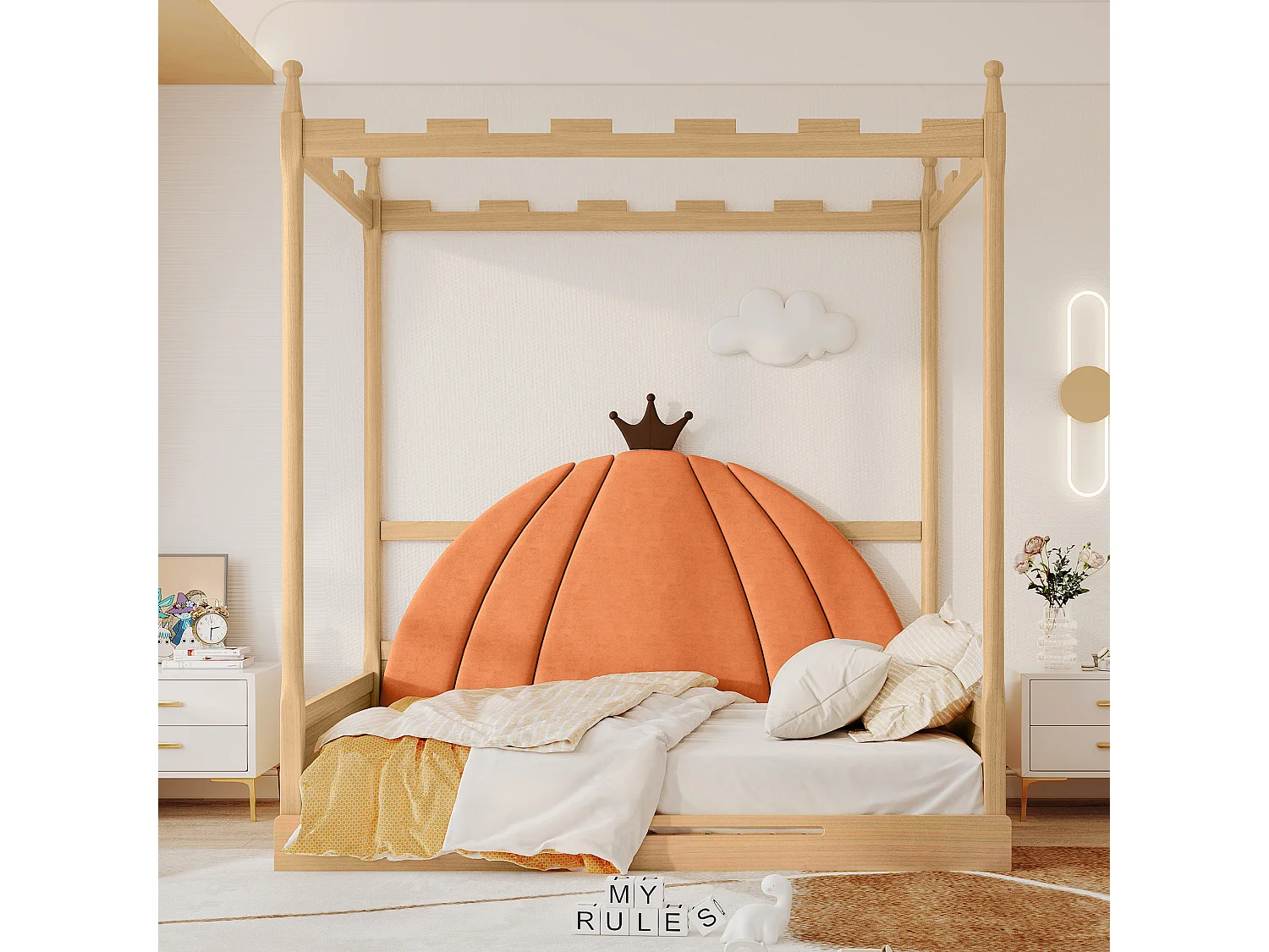 Lit Enfant Extensible Et Coulissant - 140 X 100/200 cm - Cadre En Bois De Pin - Toit De Château Carré - Naturel Et Orange
