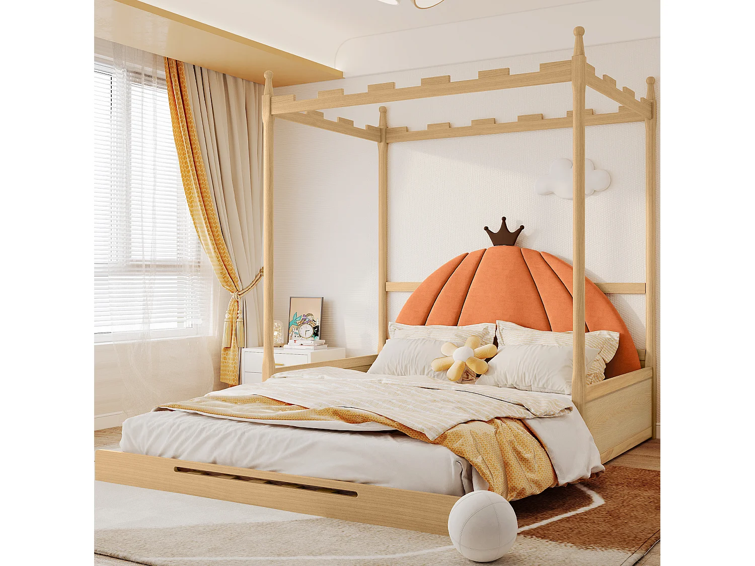 Lit Enfant Extensible Et Coulissant - 140 X 100/200 cm - Cadre En Bois De Pin - Toit De Château Carré - Naturel Et Orange