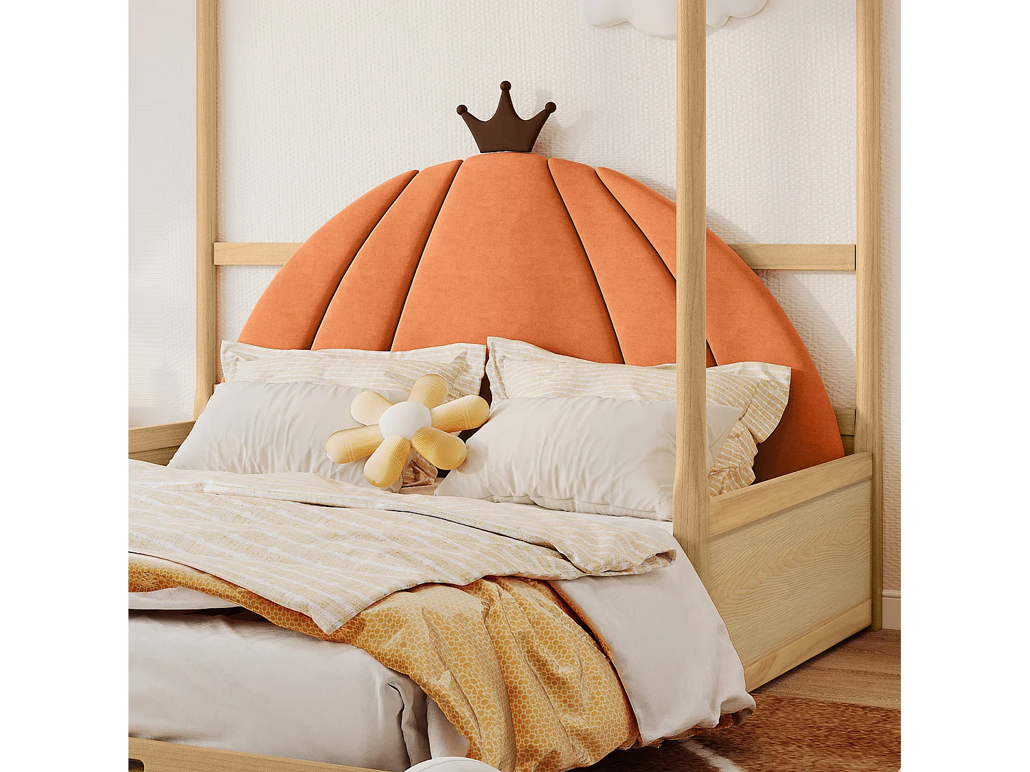 Lit Enfant Extensible Et Coulissant - 140 X 100/200 cm - Cadre En Bois De Pin - Toit De Château Carré - Naturel Et Orange