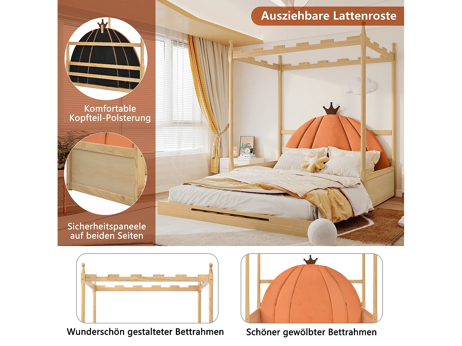 Lit Enfant Extensible Et Coulissant - 140 X 100/200 cm - Cadre En Bois De Pin - Toit De Château Carré - Naturel Et Orange