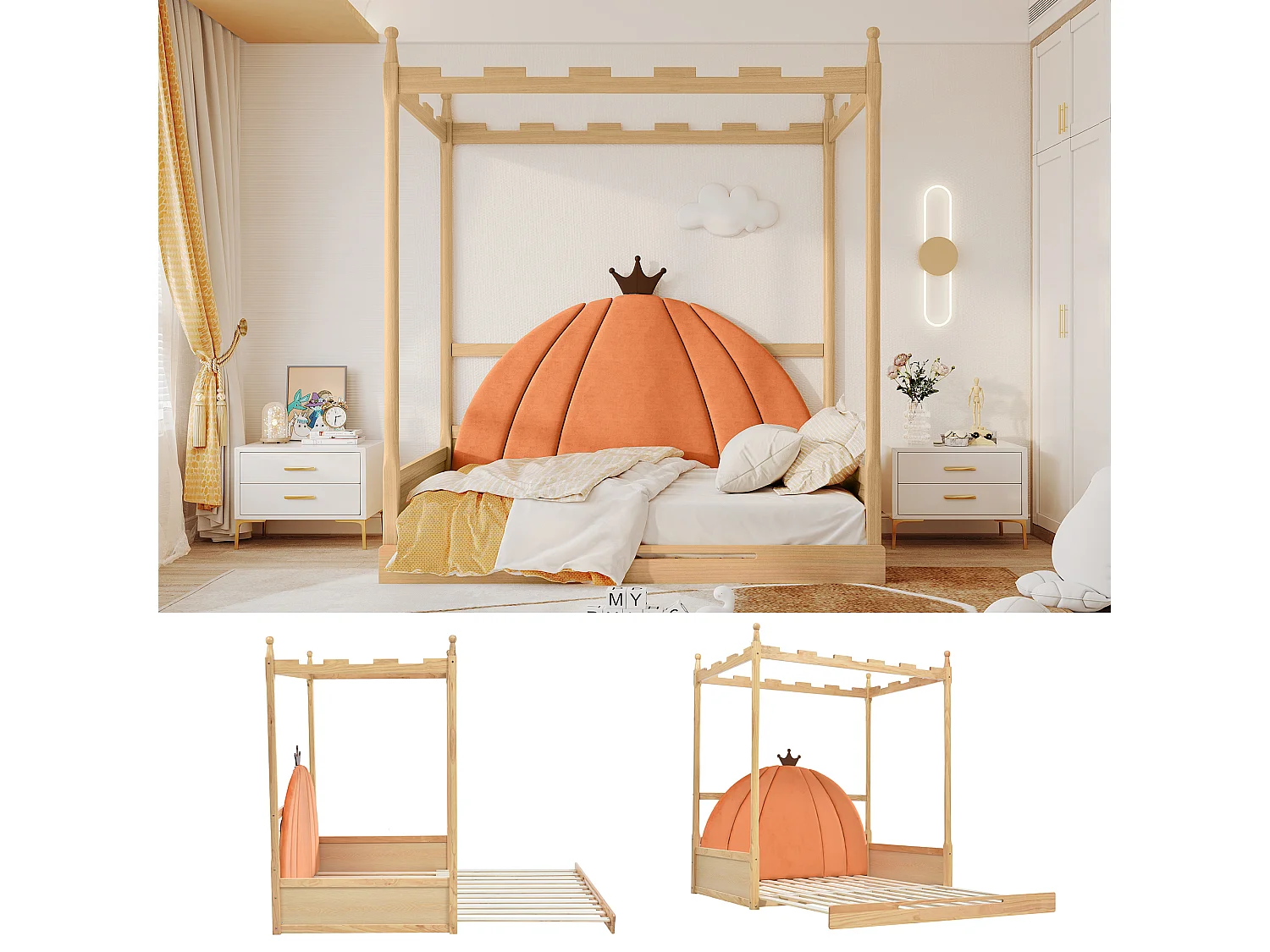 Lit Enfant Extensible Et Coulissant - 140 X 100/200 cm - Cadre En Bois De Pin - Toit De Château Carré - Naturel Et Orange
