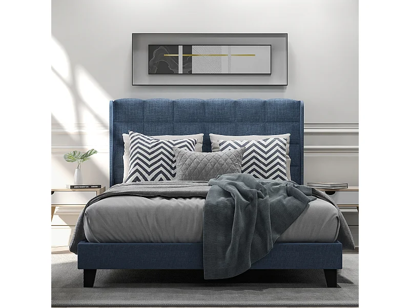 Lit Capitonné Double 140 X 200 cm Moderne Avec Tête De Lit - Sommier À Lattes - Lin - Bleu - Sans Matelas