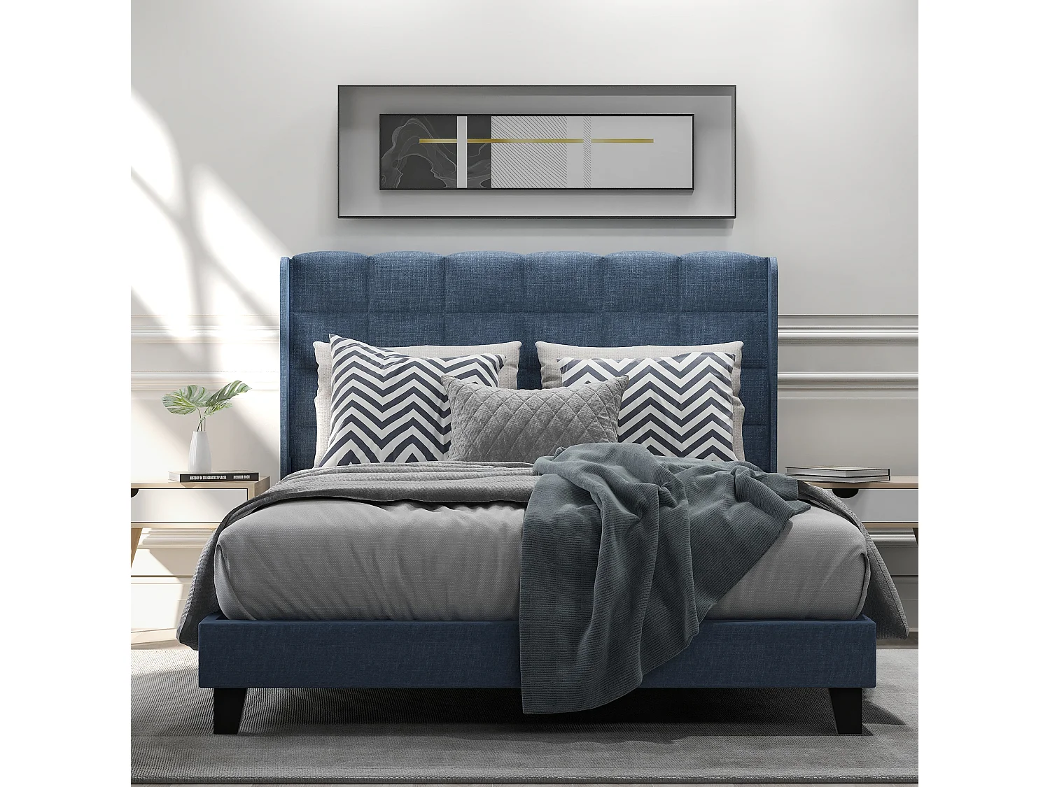 Lit Capitonné Double 140 X 200 cm Moderne Avec Tête De Lit - Sommier À Lattes - Lin - Bleu - Sans Matelas