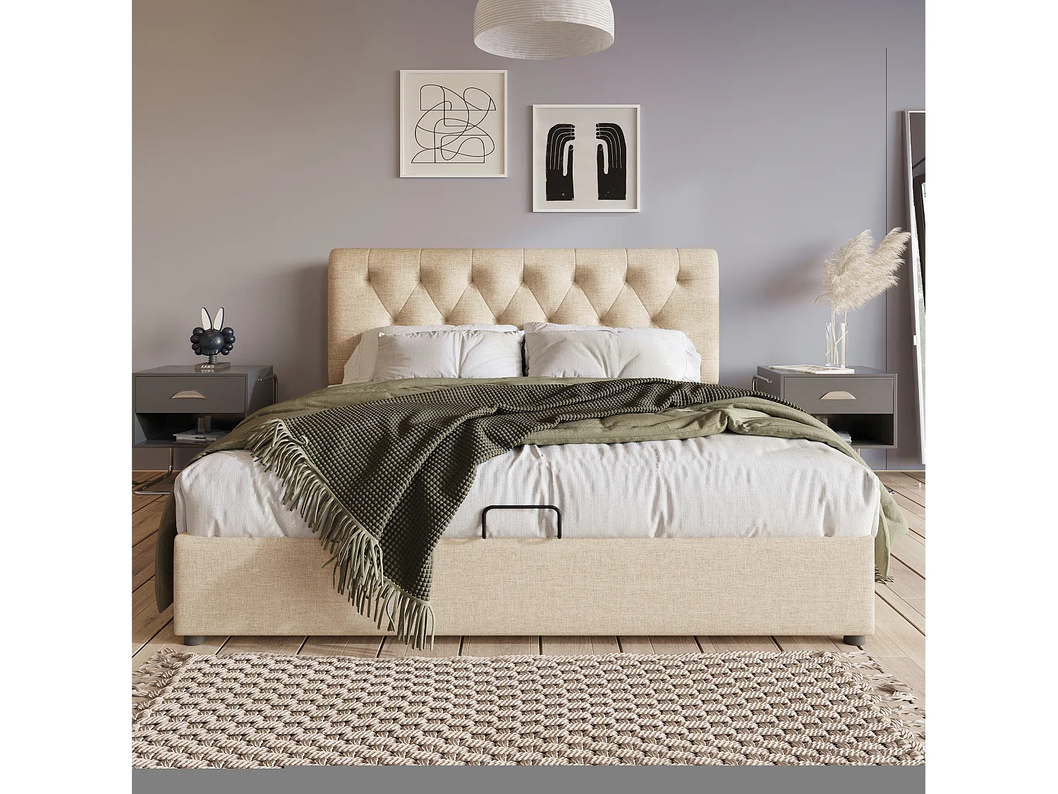 Cama acolchoada para adulto 180 x 1415 cm, sem cabeceira, com faixa LED (monocromática), base com suspensão hidráulica, bege.