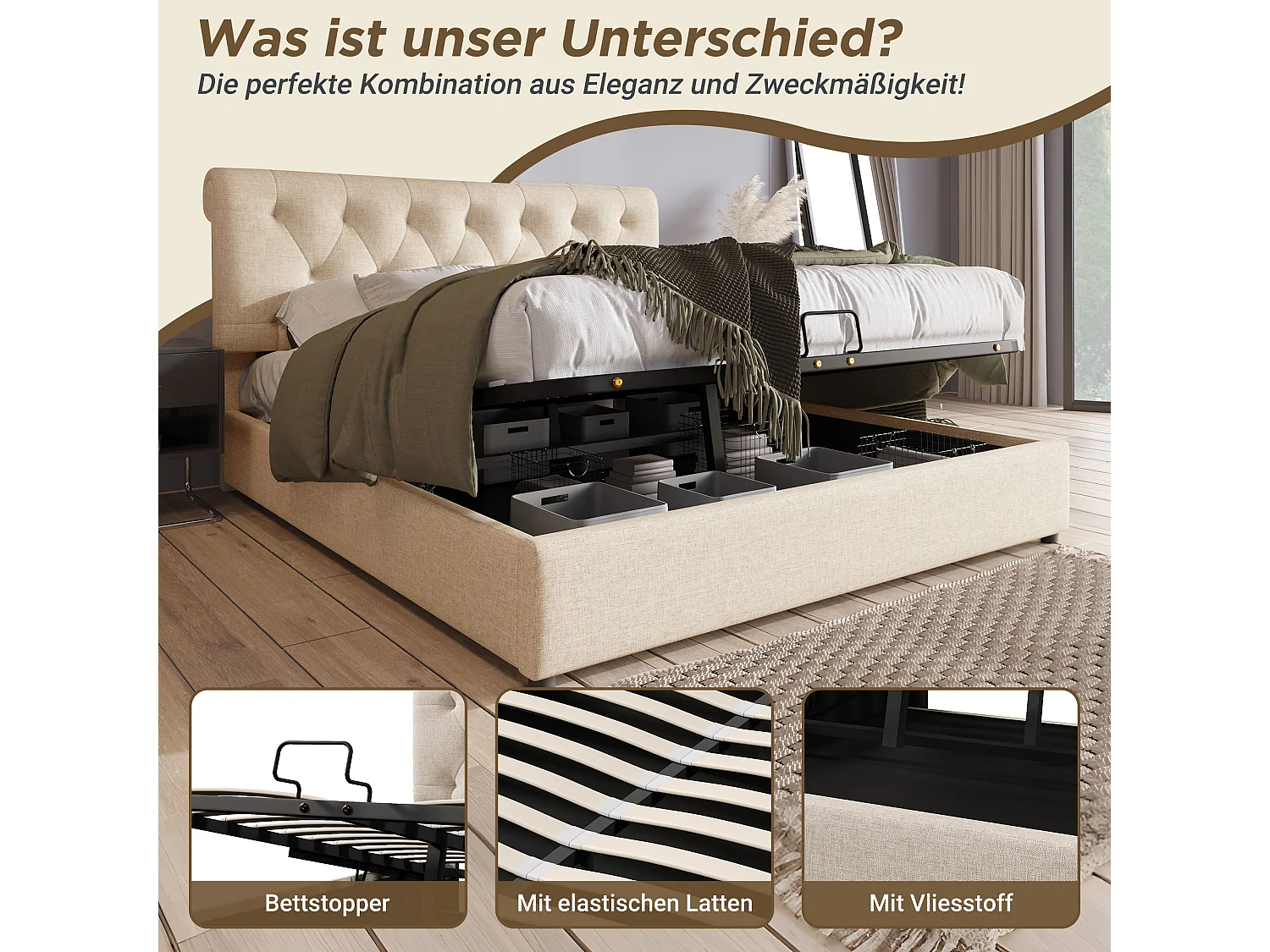 Cama acolchoada para adulto 180 x 1415 cm, sem cabeceira, com faixa LED (monocromática), base com suspensão hidráulica, bege.