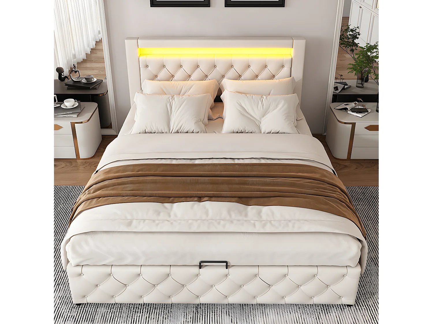 Cama acolchoada para adulto 180 x 1075 cm, sem cabeceira, com faixa LED (monocromática), base com suspensão hidráulica, bege.