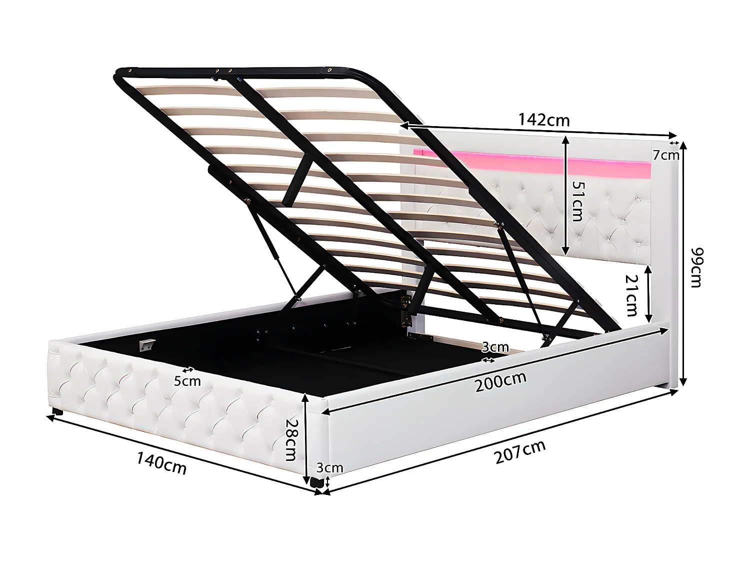 Cama acolchoada para adulto 180 x 1075 cm, sem cabeceira, com faixa LED (monocromática), base com suspensão hidráulica, bege.