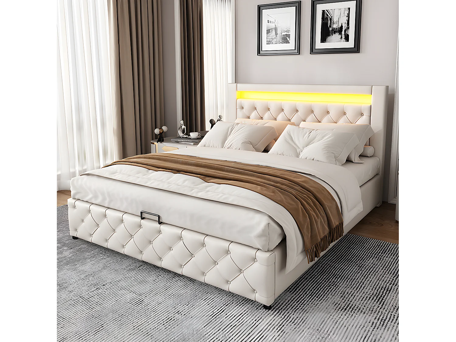 Cama acolchoada para adulto 180 x 1075 cm, sem cabeceira, com faixa LED (monocromática), base com suspensão hidráulica, bege.