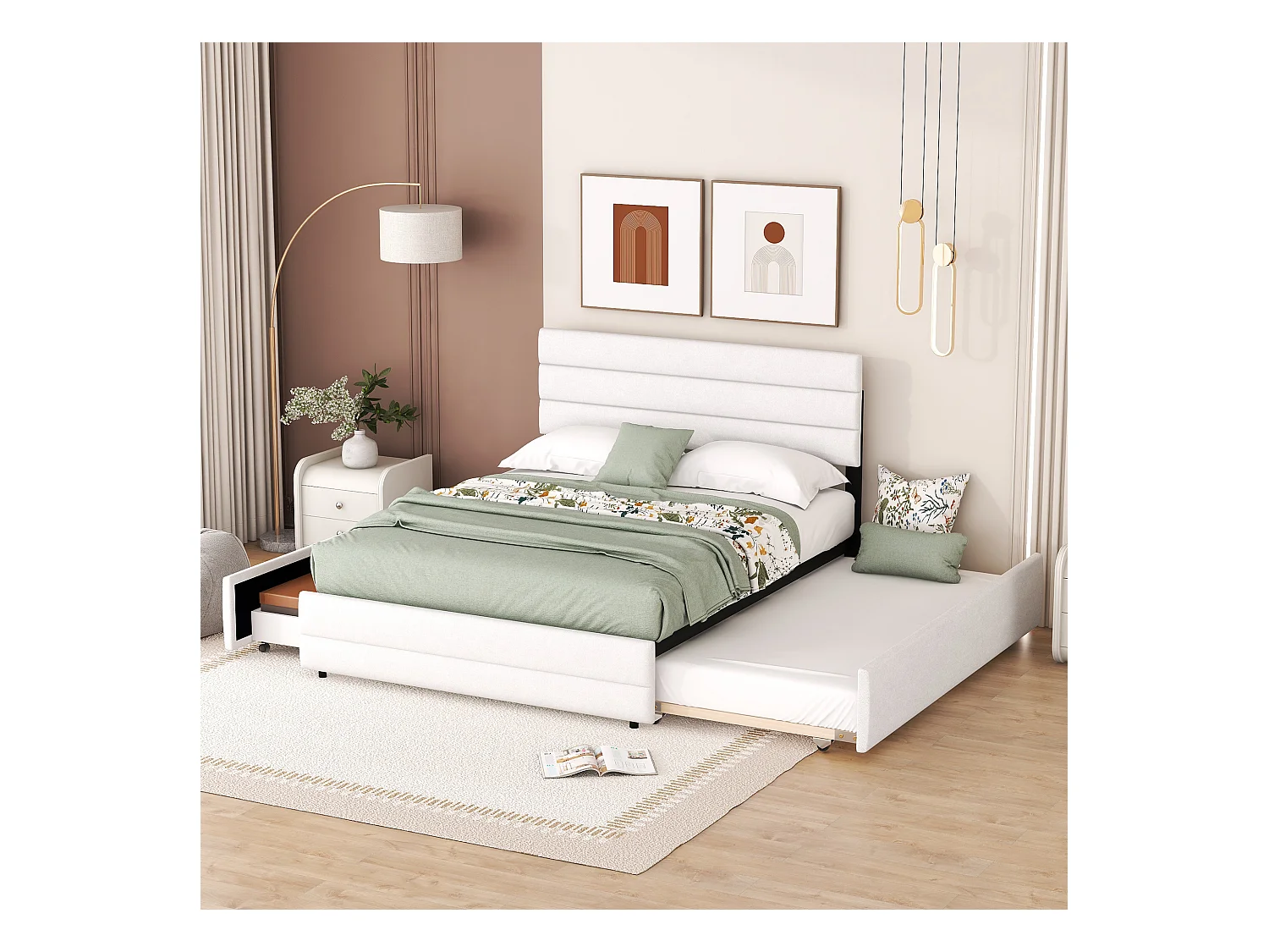Lit Double 140 X 200 cm En Lin Avec 2 Tiroirs - Blanc