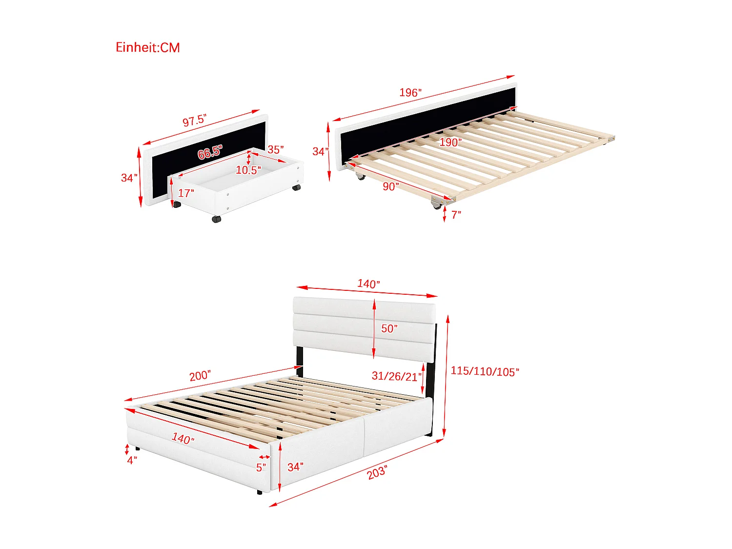 Lit Double 140 X 200 cm En Lin Avec 2 Tiroirs - Blanc