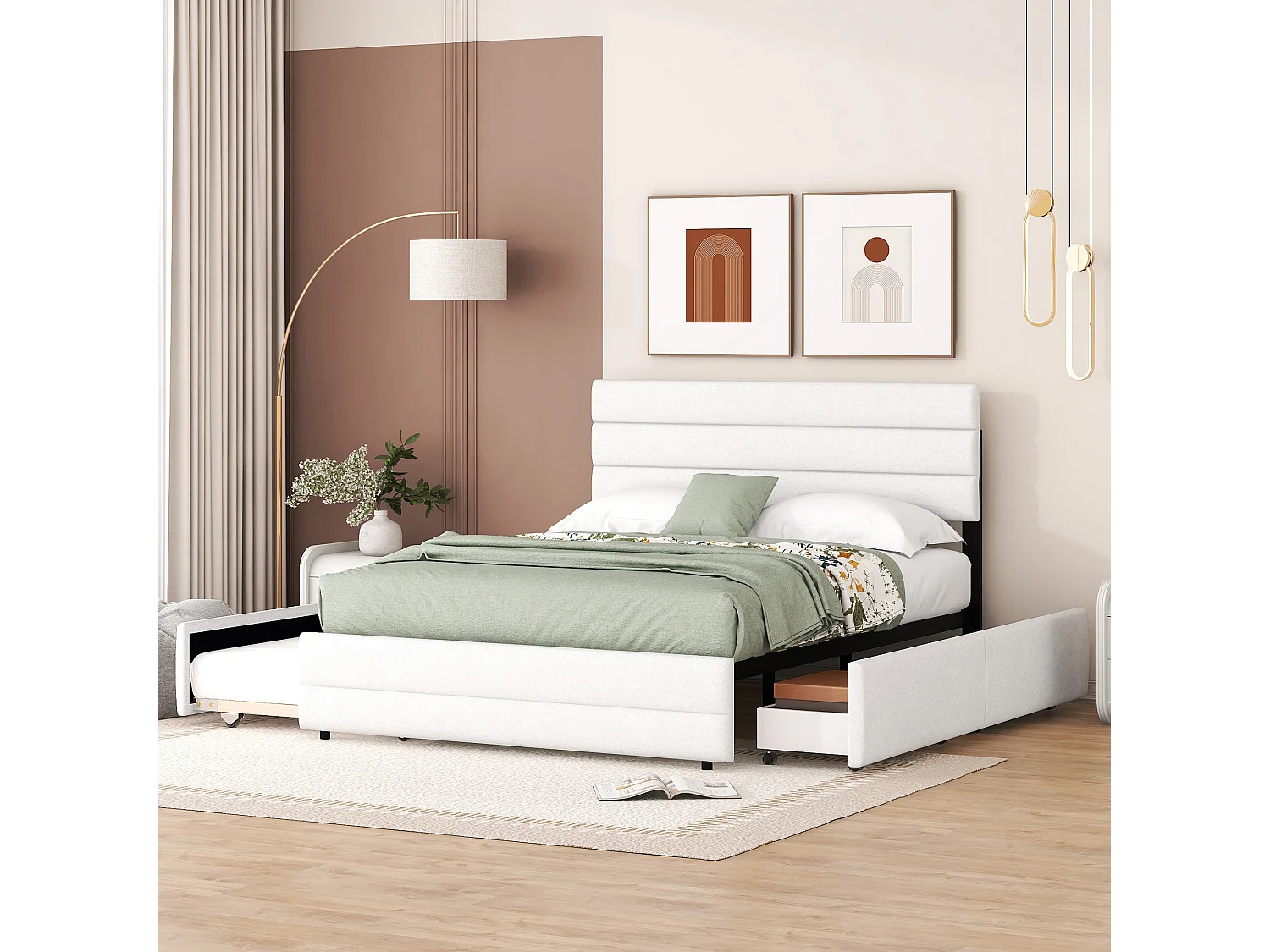 Lit Double 140 X 200 cm En Lin Avec 2 Tiroirs - Blanc