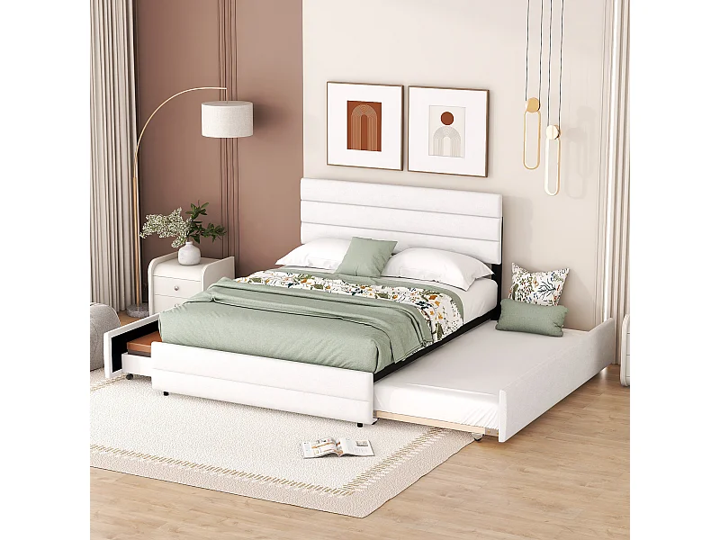 Lit Double 140 X 200 cm En Lin Avec 2 Tiroirs - Blanc