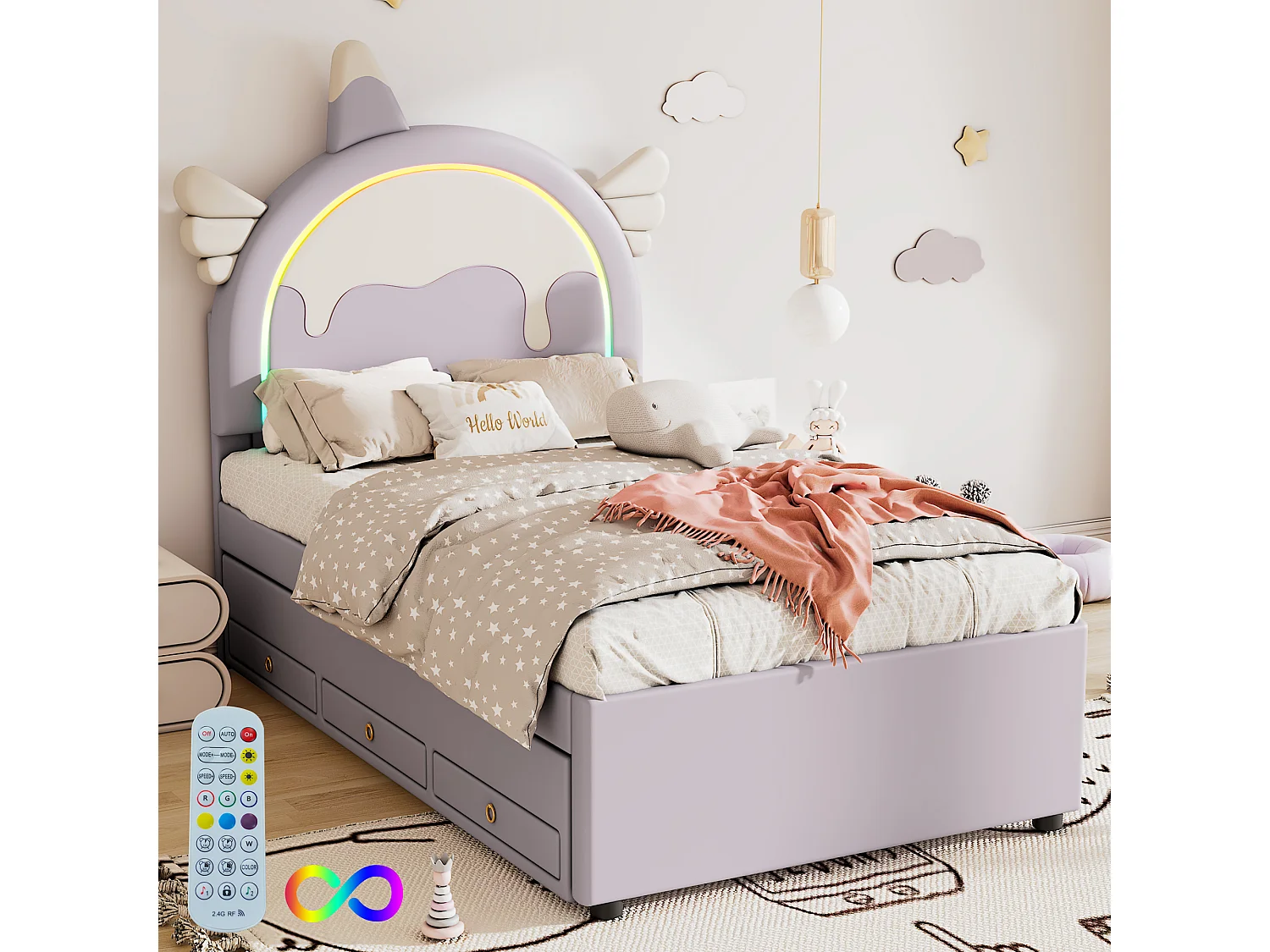 Violet 90 * 200cm Cartoon lit d'enfant, matériel pu, avec lit dépliable rétractable, UNICORN style