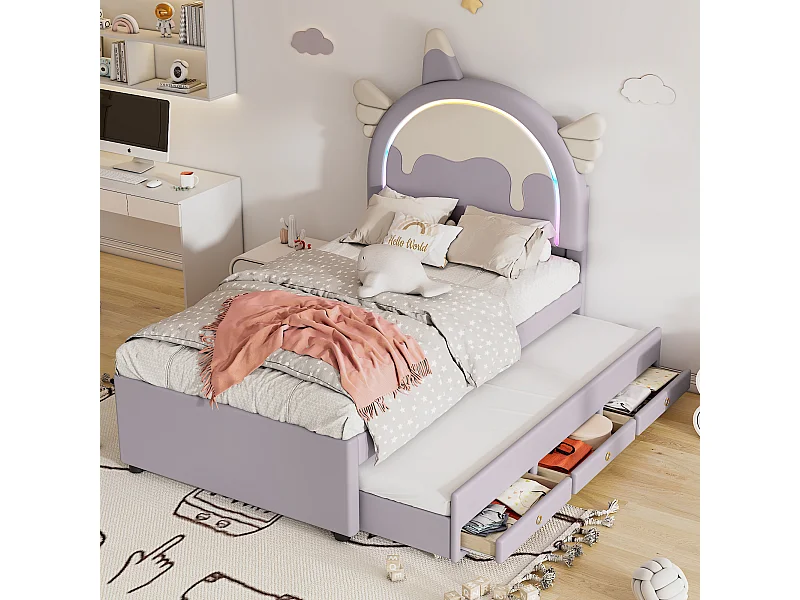 Roxo 90 * 200 cm Cama infantil com desenhos animados, material PU, com cama dobrável retrátil, estilo UNICÓRNIO