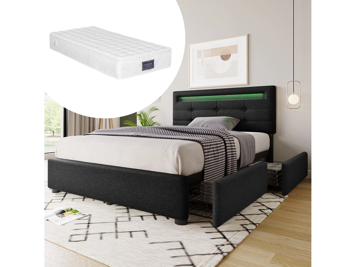 Cama acolchoada para adulto 180 x 1413 cm, sem cabeceira, com faixa LED (monocromática), base com suspensão hidráulica, bege.