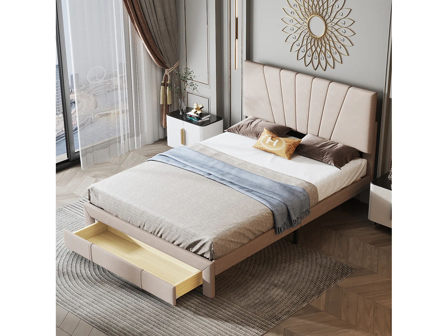 Lit Capitonné Double 140 X 200 cm Avec Sommier À Lattes - Dossier et Grand Tiroir - En Velours - Beige Foncé - Sans Matelas