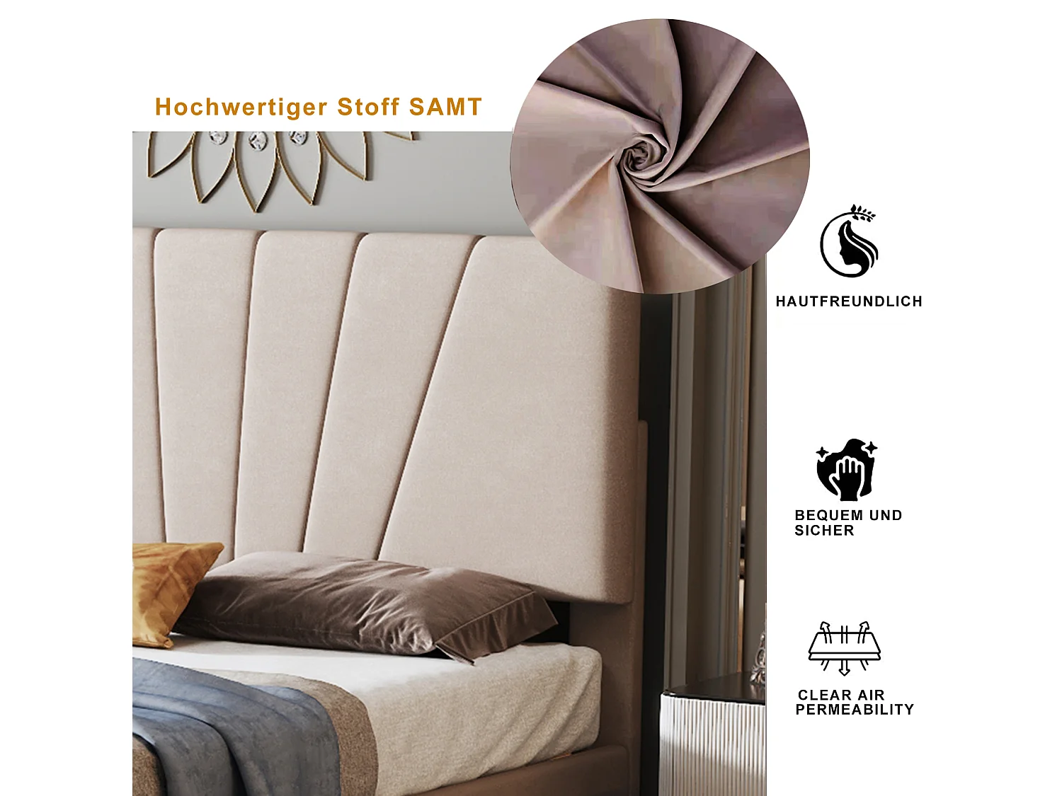 Lit Capitonné Double 140 X 200 cm Avec Sommier À Lattes - Dossier et Grand Tiroir - En Velours - Beige Foncé - Sans Matelas