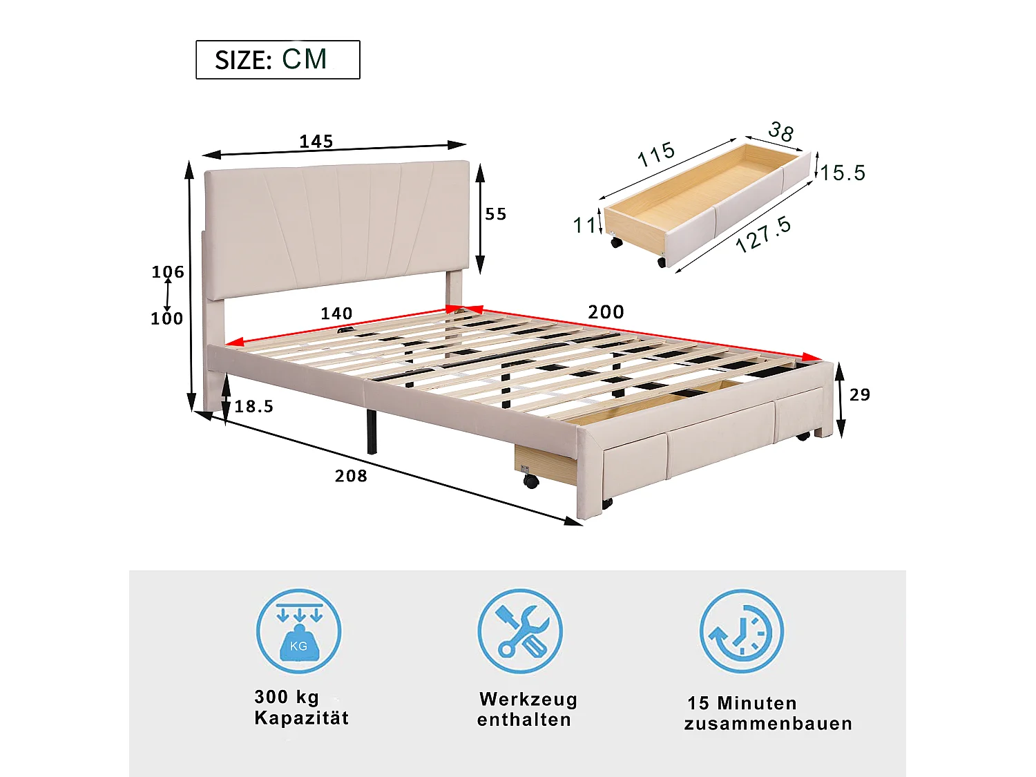 Lit Capitonné Double 140 X 200 cm Avec Sommier À Lattes - Dossier et Grand Tiroir - En Velours - Beige Foncé - Sans Matelas