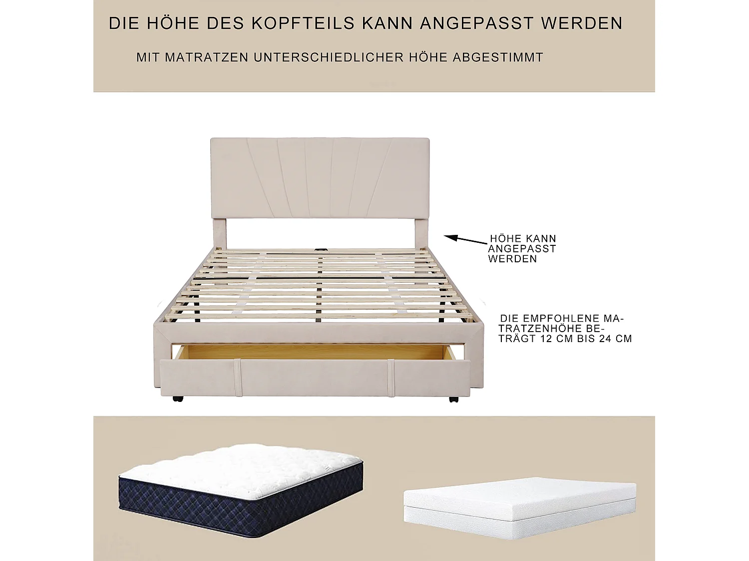 Lit Capitonné Double 140 X 200 cm Avec Sommier À Lattes - Dossier et Grand Tiroir - En Velours - Beige Foncé - Sans Matelas