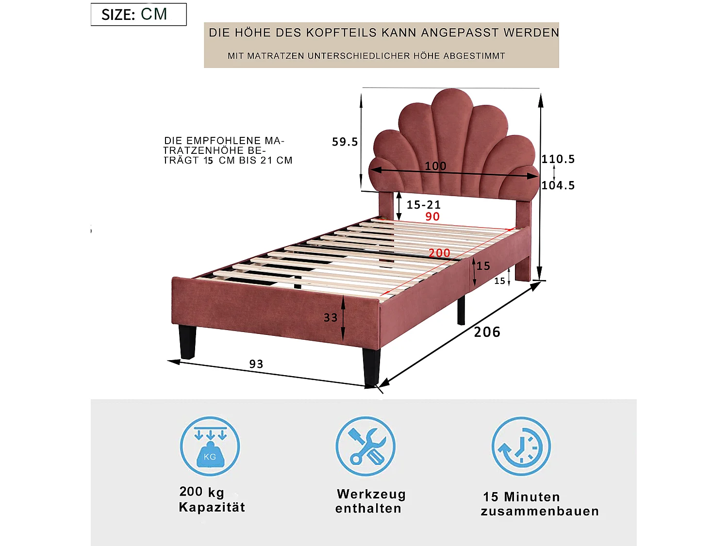 Cama acolchoada para adulto 180 x 765 cm, sem cabeceira, com faixa LED (monocromática), base com suspensão hidráulica, bege.
