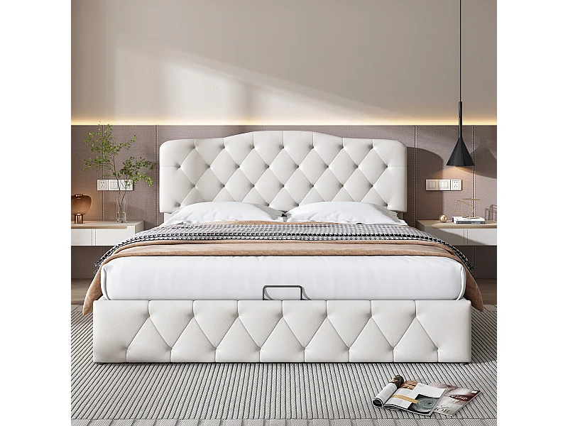 Cama acolchoada para adulto 180 x 1073 cm, sem cabeceira, com faixa LED (monocromática), base com suspensão hidráulica, bege.