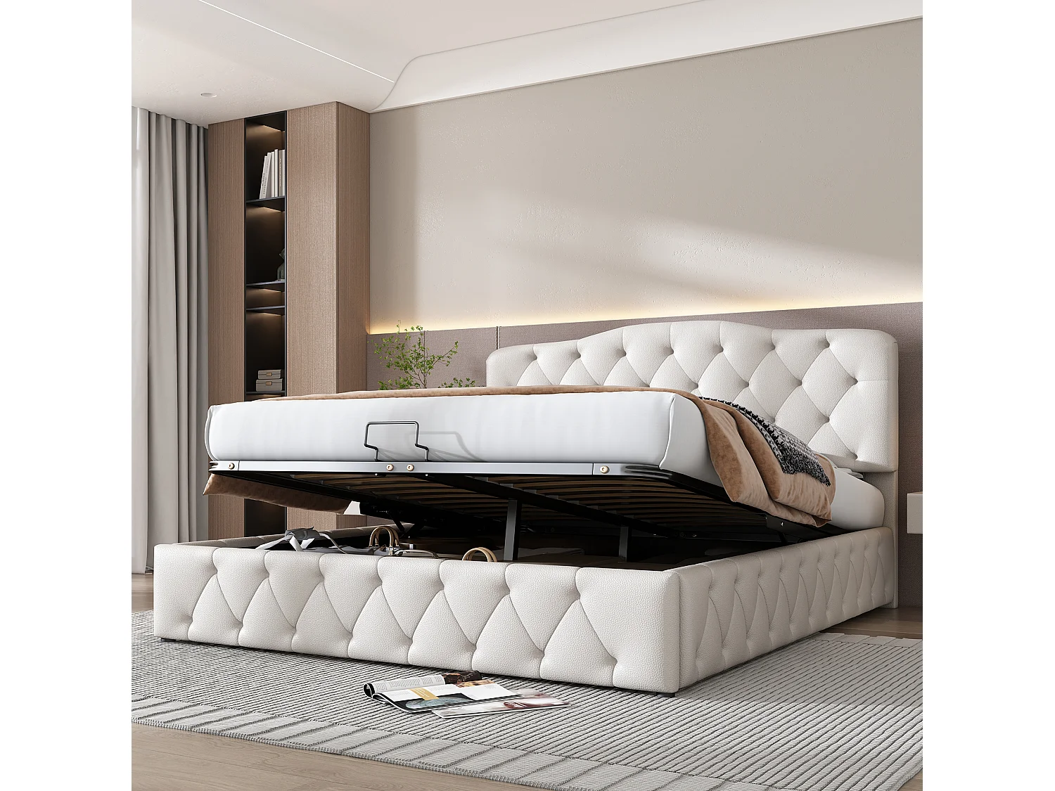 Cama acolchoada para adulto 180 x 1073 cm, sem cabeceira, com faixa LED (monocromática), base com suspensão hidráulica, bege.