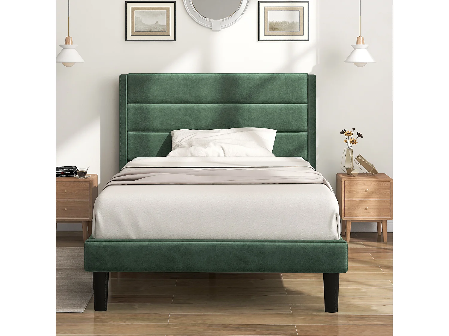 Lit Rembourré Capitonné 90 X 200 cm - Cadre De Lit Avec Sommier À Lattes - Velours - Vert Foncé - Sans Matelas