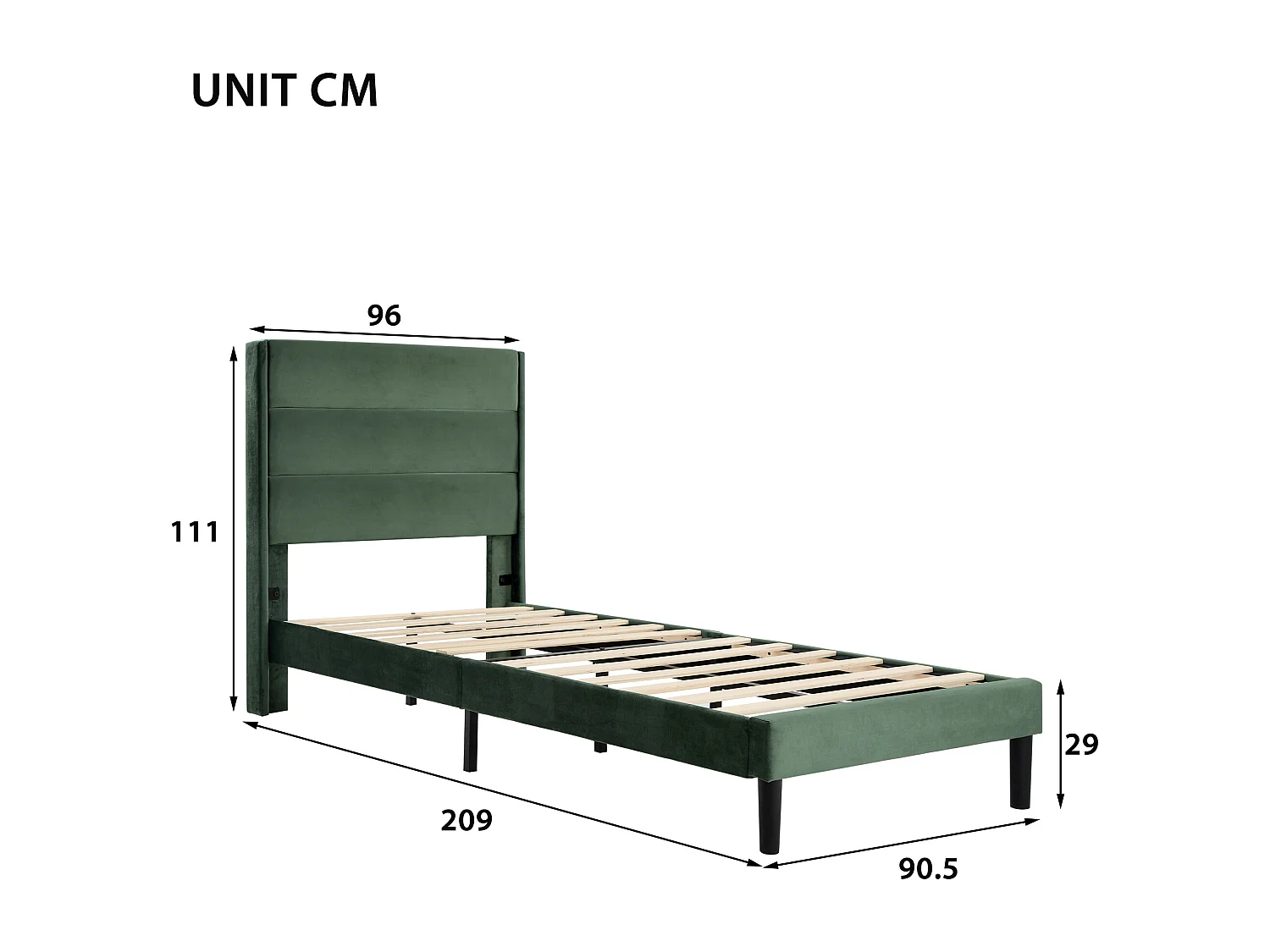 Lit Rembourré Capitonné 90 X 200 cm - Cadre De Lit Avec Sommier À Lattes - Velours - Vert Foncé - Sans Matelas