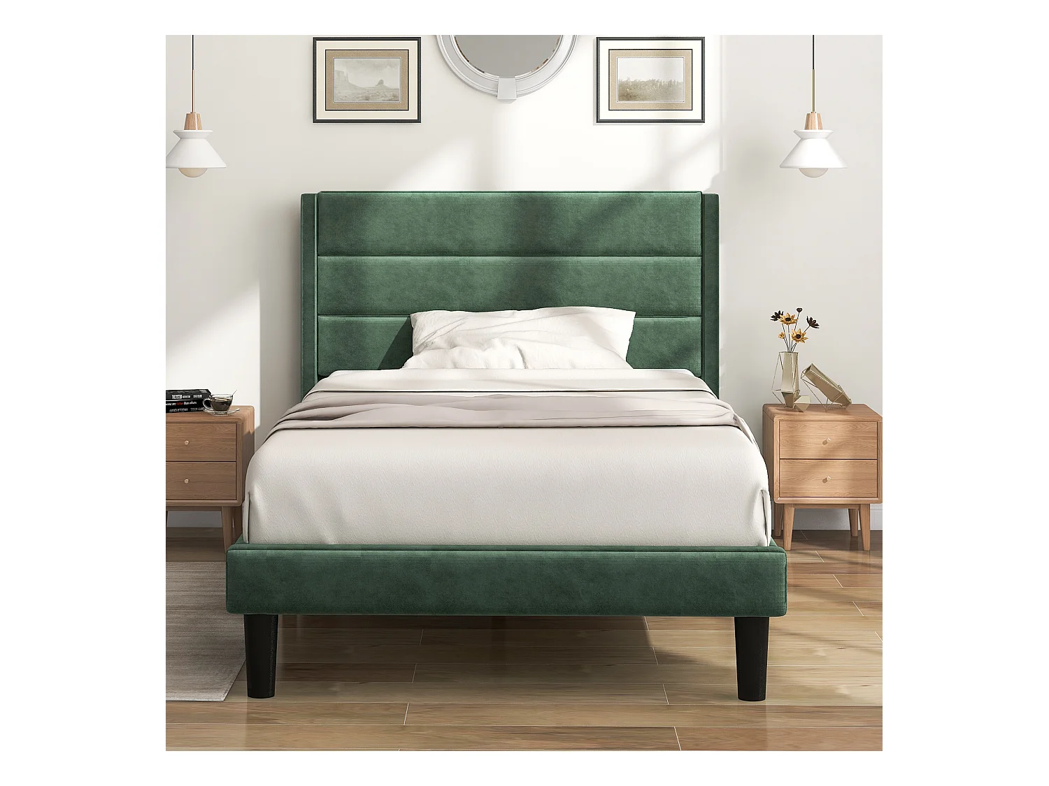 Lit Rembourré Capitonné 90 X 200 cm - Cadre De Lit Avec Sommier À Lattes - Velours - Vert Foncé - Sans Matelas