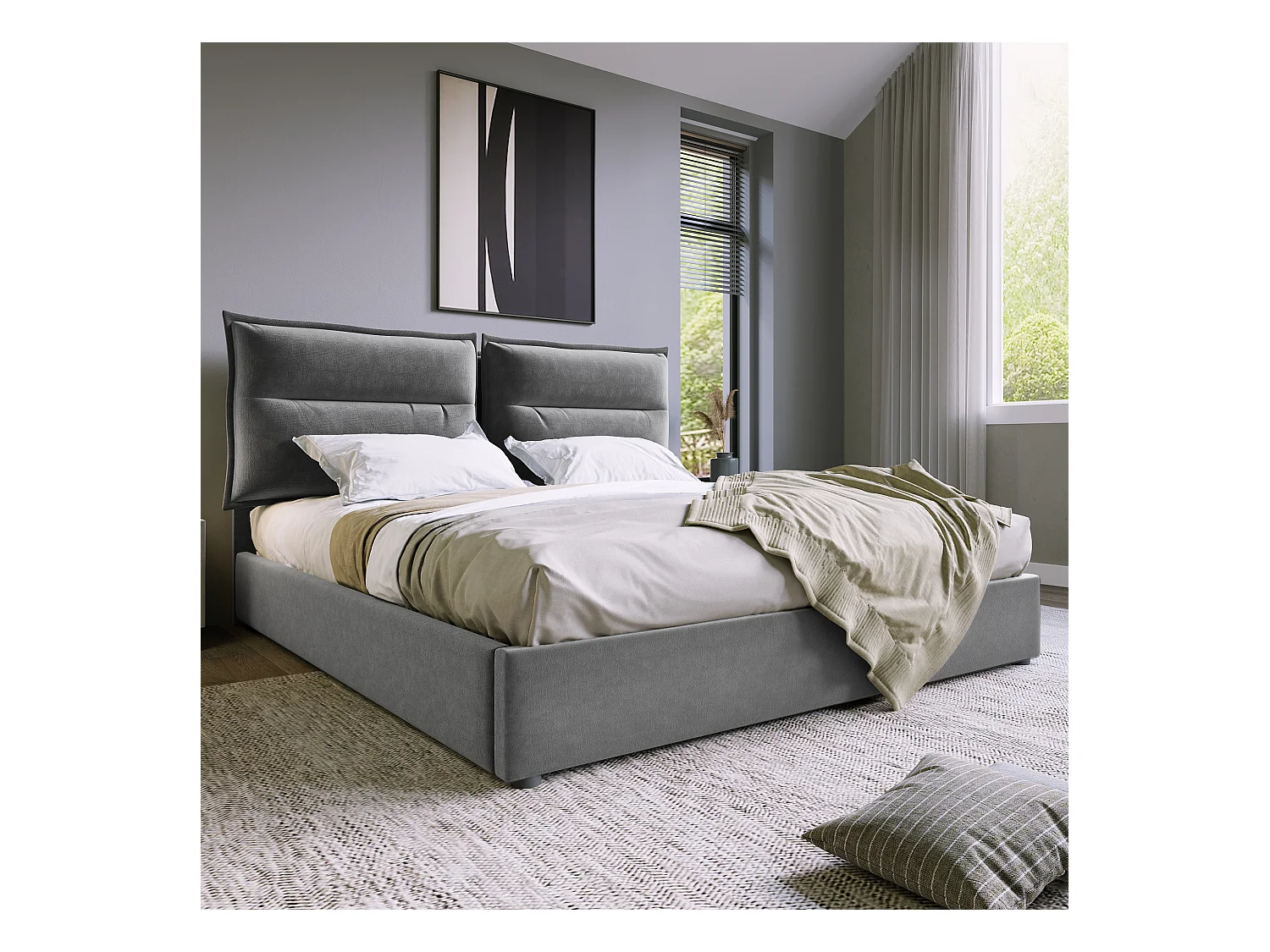 Lit Hydraulique Double - 140 X 200 cm - Tête Réglable - Rangement - Velours - Gris