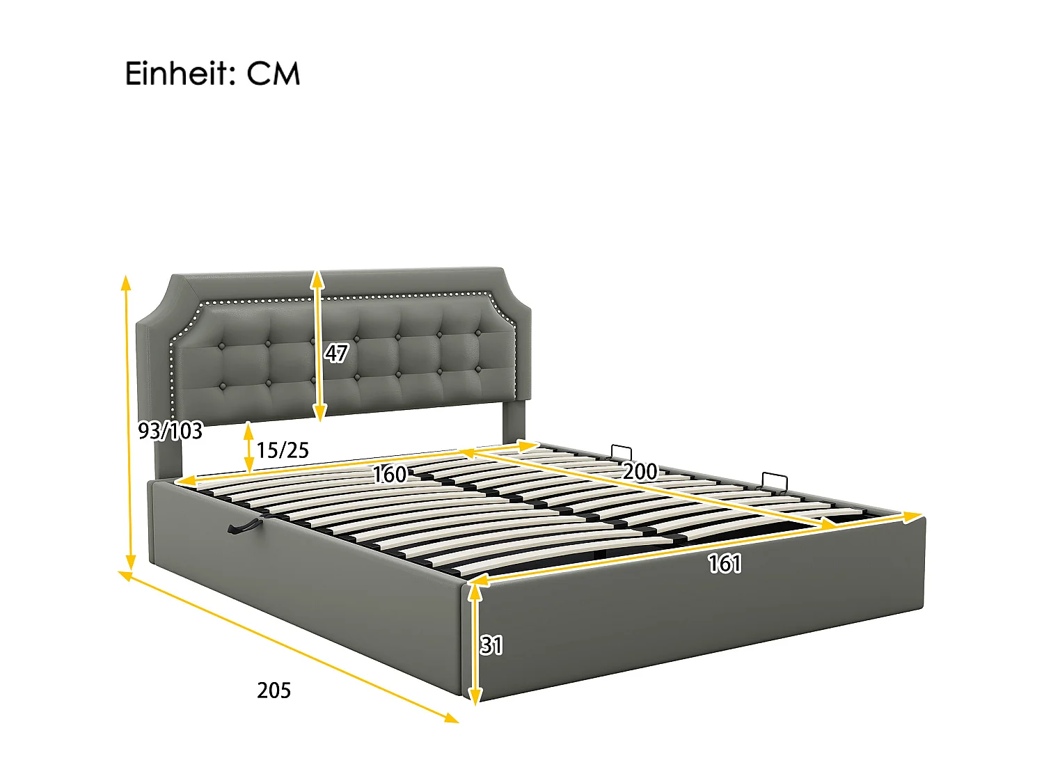 Lit plat rembourré gris 160 * 200cm, Design minimaliste, intérieur élégant