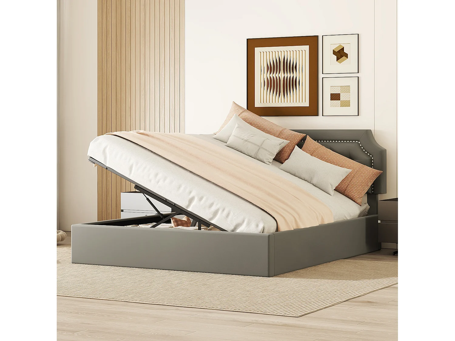 Lit plat rembourré gris 160 * 200cm, Design minimaliste, intérieur élégant