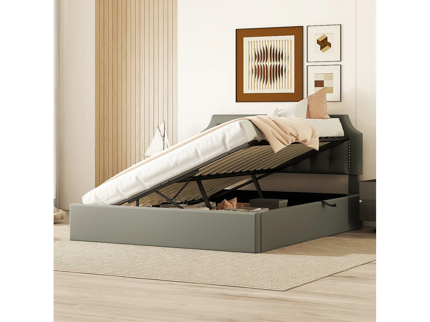 Lit plat rembourré gris 160 * 200cm, Design minimaliste, intérieur élégant