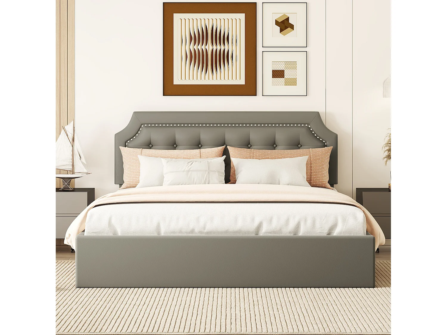 Lit plat rembourré gris 160 * 200cm, Design minimaliste, intérieur élégant