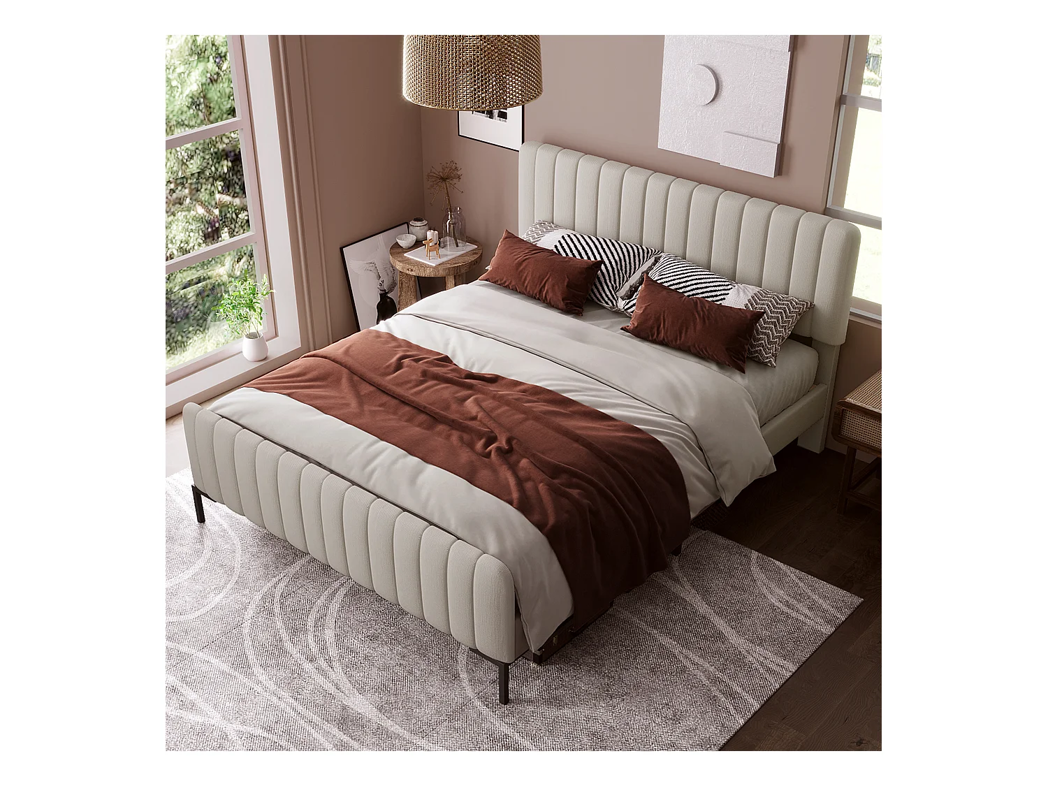Lit double rembourré 140 x 200 cm, avec sommier à lattes et tête de lit réglable, rembourré en gris-beige, tissu de lin