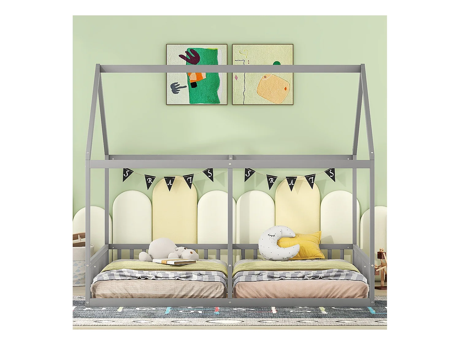 Lits Simples 90 X 200 cm Pour 2 Personnes - Forme Maison - Lits Plats - Gris