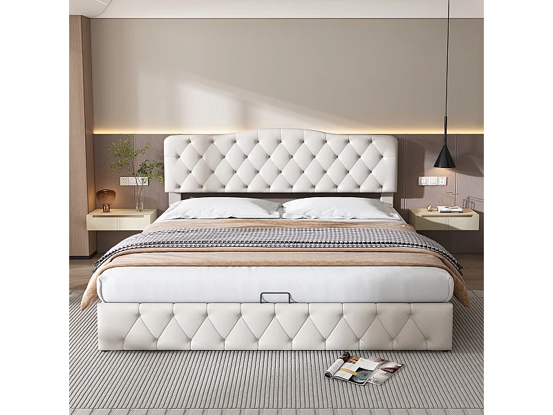 Lit Capitonné 180*200 cm Avec Sommier À Lattes Bois et Tête De Lit Réglable En Hauteur - Pu ​- Blanc