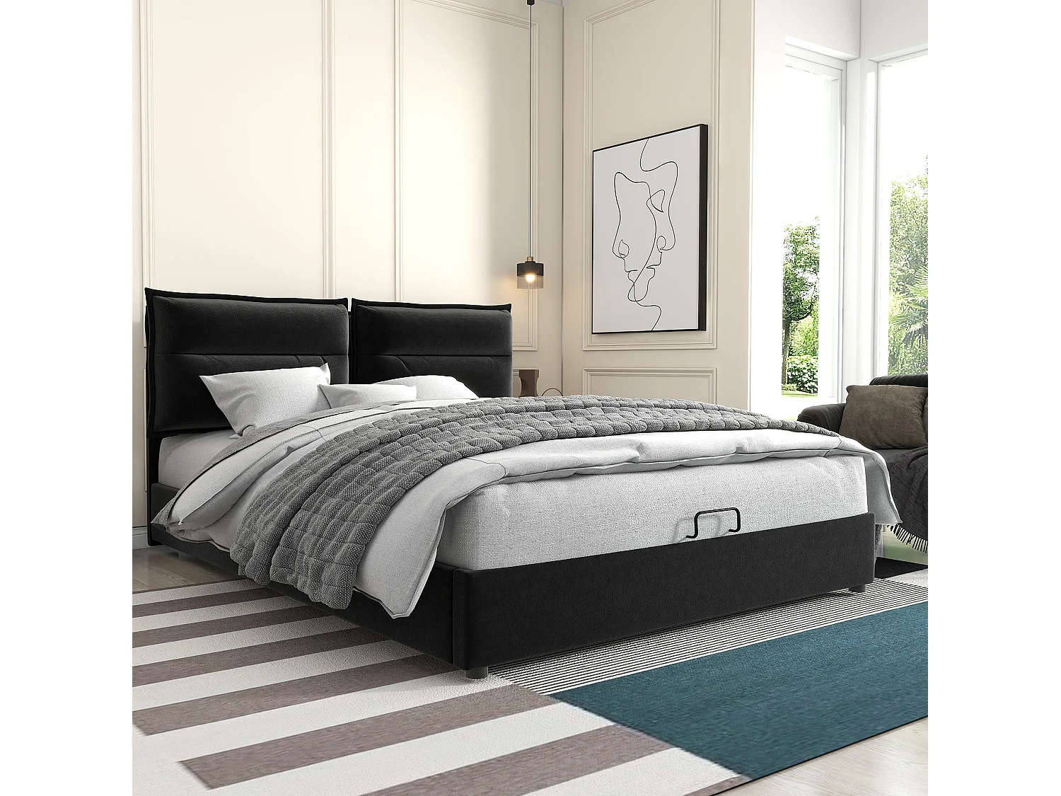 Lit Double Hydraulique - 140 X 200 cm - Tête Réglable - Sommier À Lattes - Rangement Intégré - Velours - Noir